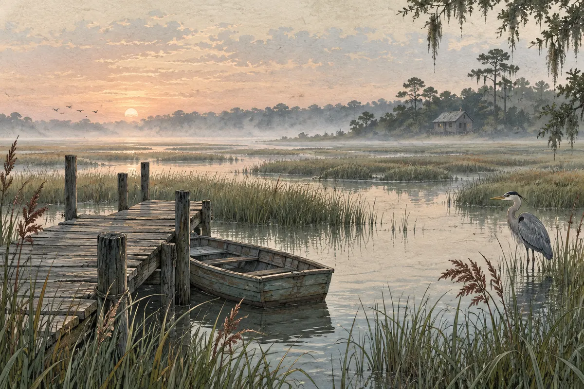 Illustration : une barque et un ponton au bord d’un marais.