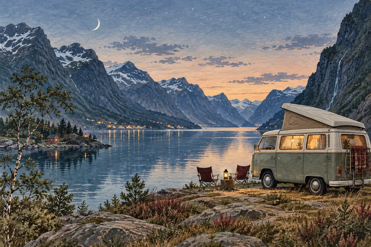 Illustration : un camping-car au bord d’un fjord sous les étoiles.