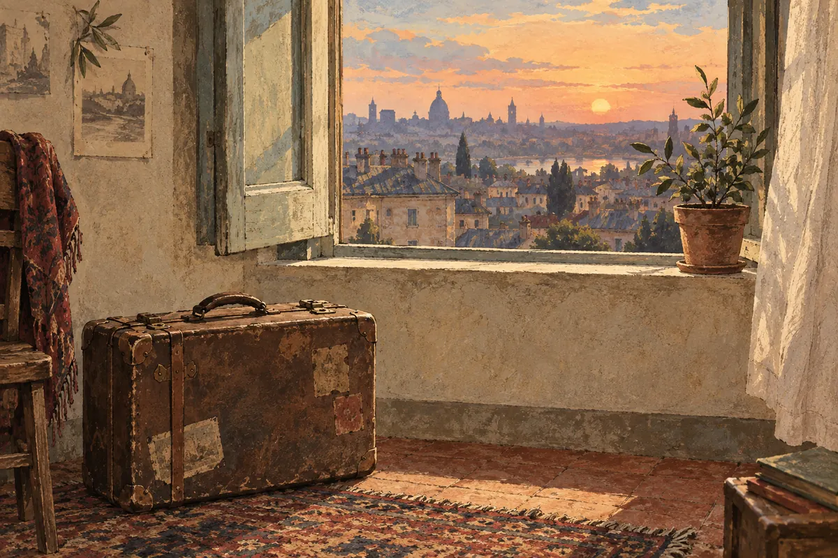 Illustration : une valise devant une fenêtre ouverte sur les toits d’une ville.
